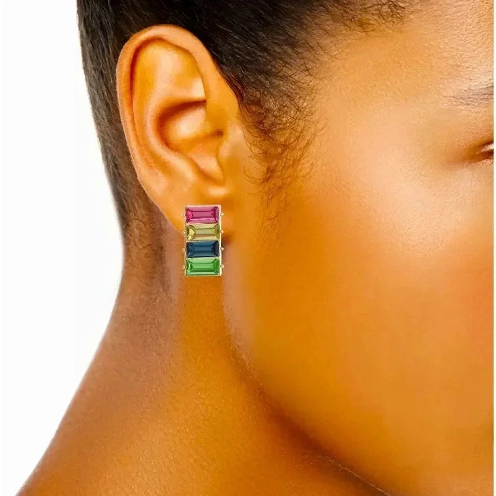Multicolor Baguette-Crystal Gold Tone Drop Earrings NWT - Picture 2 of 2